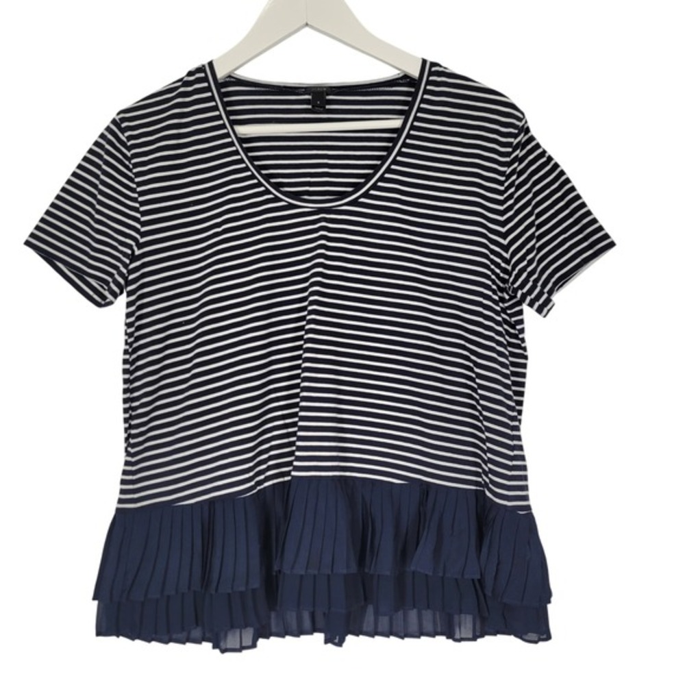 J Crew Striped TShirt Navy White Pleated‎ Ruffle Hem Short Sleeve Womens Size S
